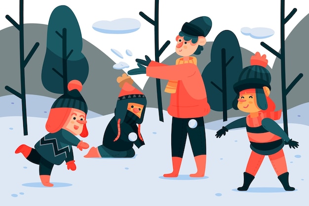 Free vector people doing outdoor winter activities