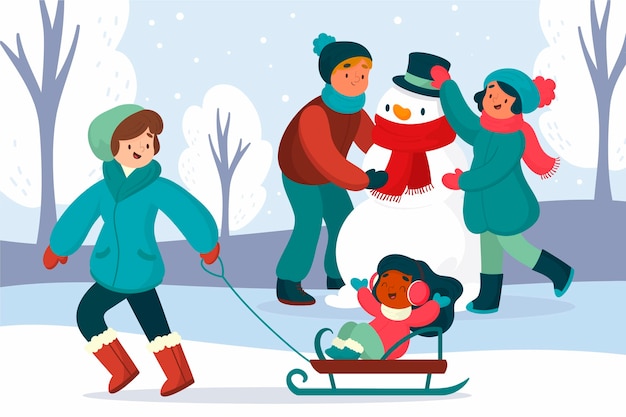 Free vector people doing outdoor winter activities