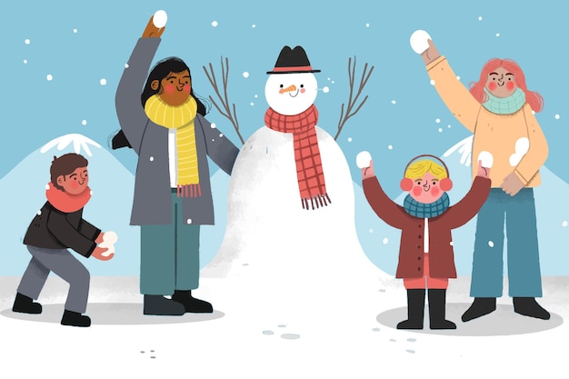 Free vector people doing outdoor winter activities