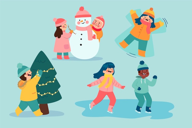 Free vector people doing outdoor winter activities