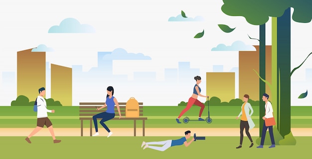 Бесплатное векторное изображение Люди занимаются спортом и отдыхают в городском парке