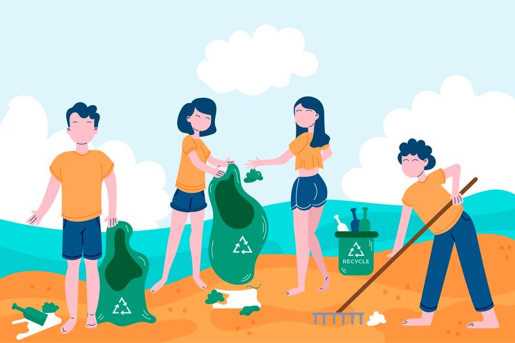 Free Vector people doing voluntary activities at the beach