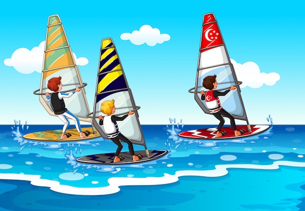 Free vector people doing windsurfing in the sea