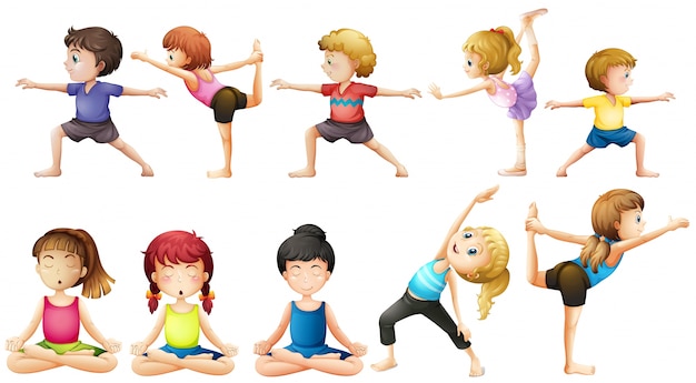 Vettore gratuito persone che fanno yoga in posizioni diverse