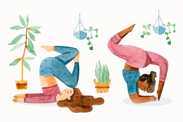 Free vector people doing yoga in hand drawn