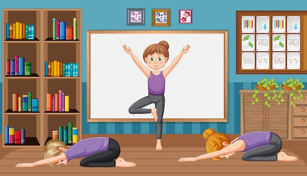 Free vector people doing yoga in yoga studio scene