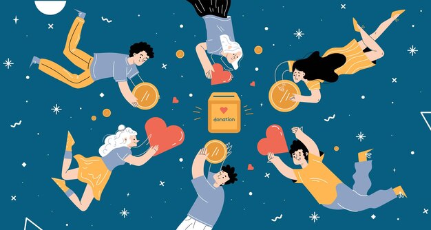 People donate money bring coins and hearts to donation box Concept of charity community assistance volunteering Vector flat illustration of volunteer characters on abstract cosmos background