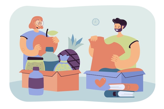People donating clothes, books and food. volunteers packing box for donation. cartoon illustration