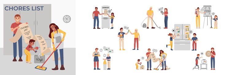 Free Vector people draw up chores lists and charts and do housework flat composition set isolated vector illustration