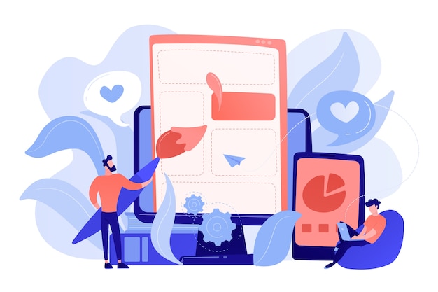 People drawing web page elements on the smartphone and LCD screen. Front end development it concept. Software development process. Pinkish coral blue palette. Vector illustration