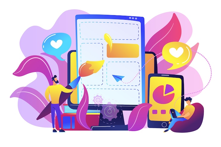 Free Vector people drawing web page elements on the smartphone and lcd screen illustration