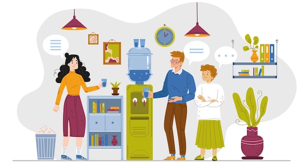 Free vector people drink water and talk near cooler in office vector flat illustration of work place interior with water dispenser and workers meeting for conversation and discuss of gossips and news