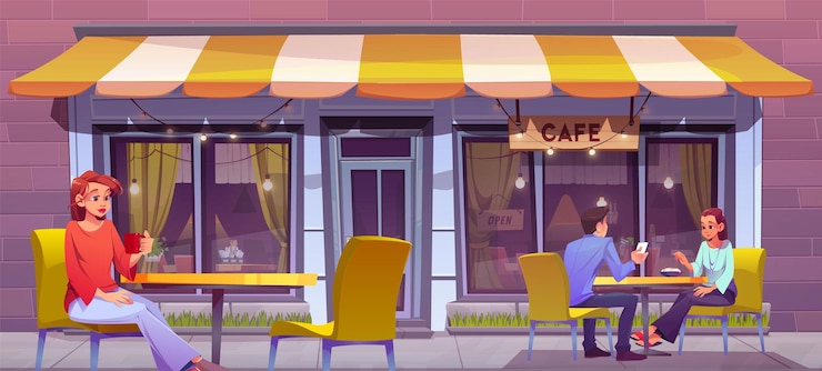 Free Vector people drinking coffee in city street cafe vector cartoon illustration of young woman sitting alone couple having date at outdoor tables in coffee shop urban bistro exterior decorated with garland