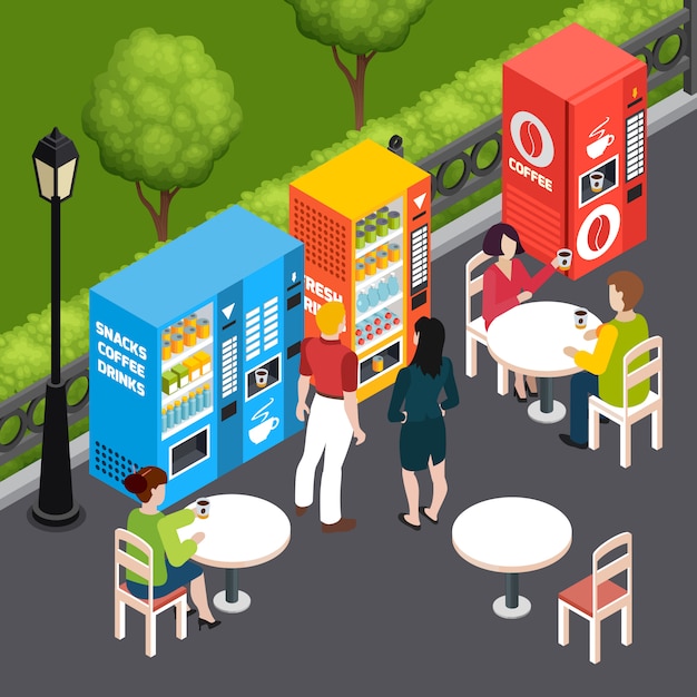 Free vector people drinking coffee in outdoor cafe with vending machines selling snacks and drinks 3d isometric vector illustration