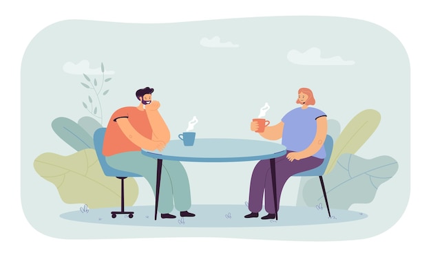 Persone che bevono bevande calde al tavolo del bar insieme. illustrazione piana delle tazze di caffè o di tè della tenuta dell'uomo e della donna