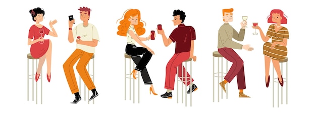 Persone che bevono vino incontri celebrano la festa coppia personaggi maschili e femminili che tengono bicchieri da vino sedersi su seggioloni nel bar comunicare ridere bere alcol illustrazione vettoriale piatto del fumetto lineare