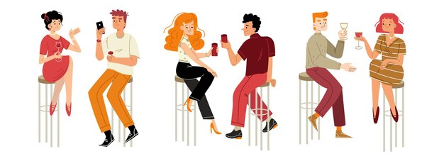 People drinking wine dating celebrate party Couple male and female characters holding wineglasses sit on high chairs in bar communicate laugh drink alcohol Linear cartoon flat vector illustration