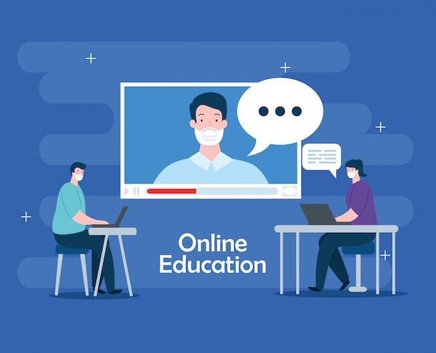 people in education online with laptops illustration design