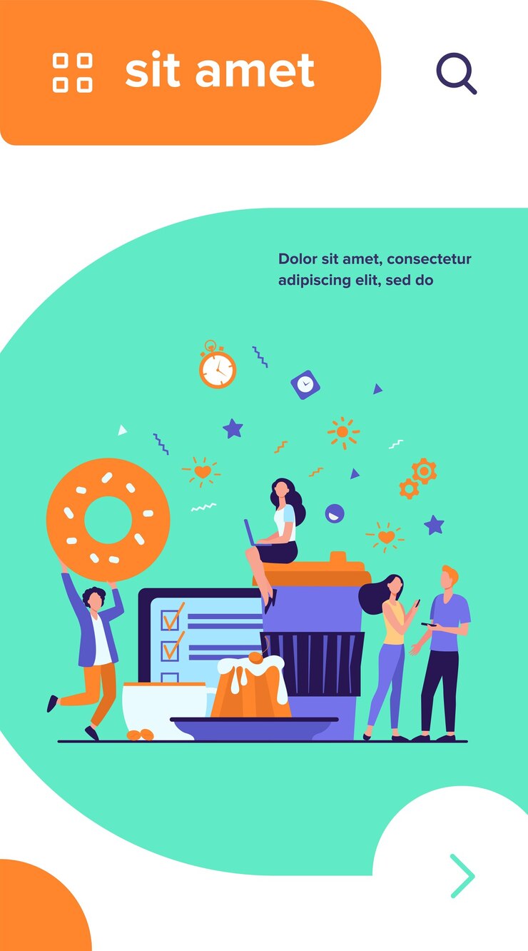 Free Vector people enjoying coffee break. young men and women using digital devices among disposable paper and ceramic cups, baked snacks, menu