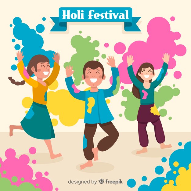 Holi 축제 세트를 즐기는 사람들