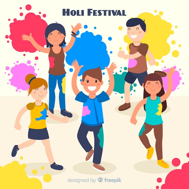 Holi 축제 세트를 즐기는 사람들