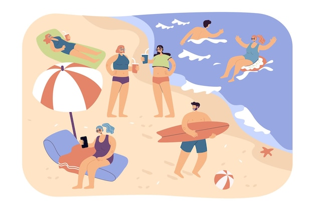 해변, 수영, 서핑, 우산 아래에 앉아 다양한 여름 활동을 즐기는 사람들. 바다에서 편안한 관광객