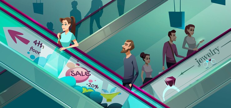 Free Vector people on escalators in shopping center
