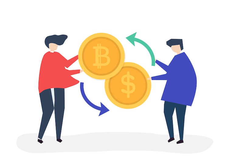 Free Vector people exchanging bitcoin to dollars