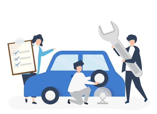 Free vector people exchanging a car tire