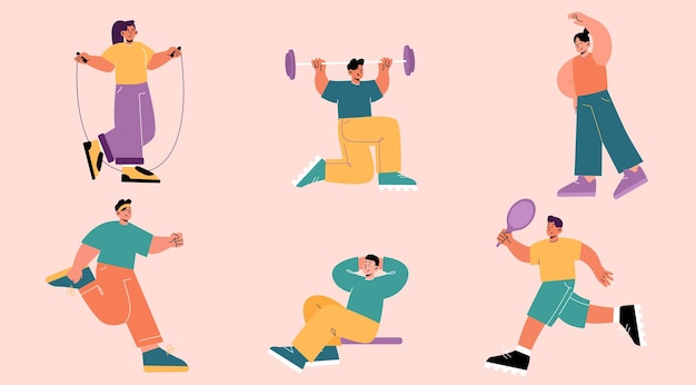 Free vector people exercise, sportsmen characters in gym set