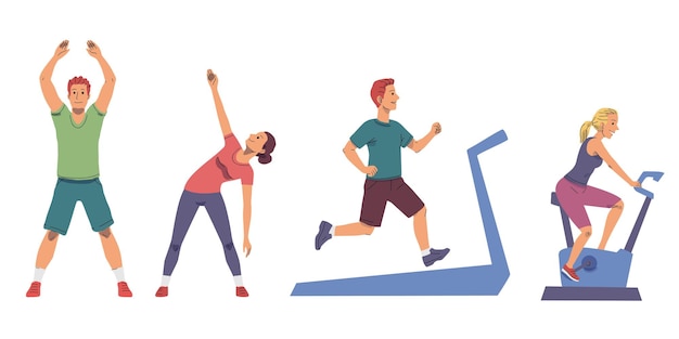 Free Vector  People exercising at gym set. young men and women training  and stretching, man running on treadmill, girl cycling.