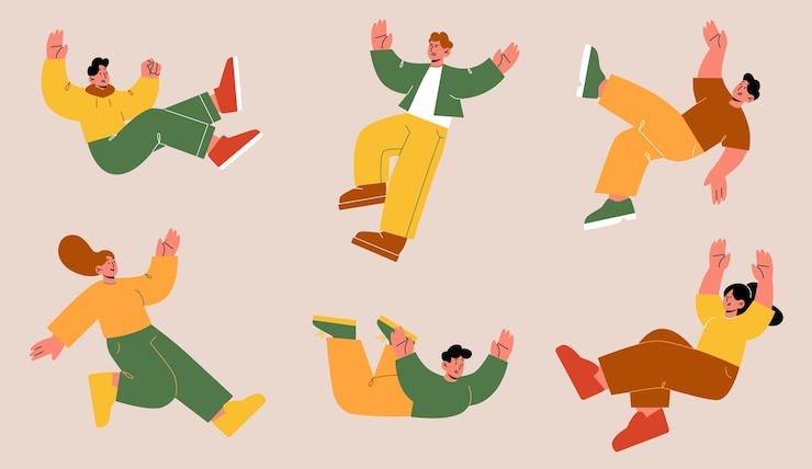 Free Vector people fall down after slip slide on wet floor or stumble vector flat illustration with person falling with injury risk men and women in shock and panic tumble down