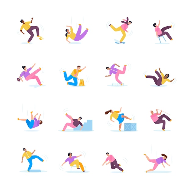 Free vector people fall flat icons set with men and women stumbling falling down stairs slipping isolated vector illustration