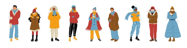 Free vector people freeze and shiver at cold winter weather