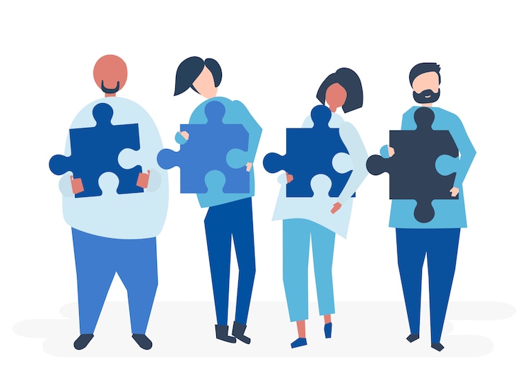 Free Vector people from diverse backgrounds carrying jigsaw pieces