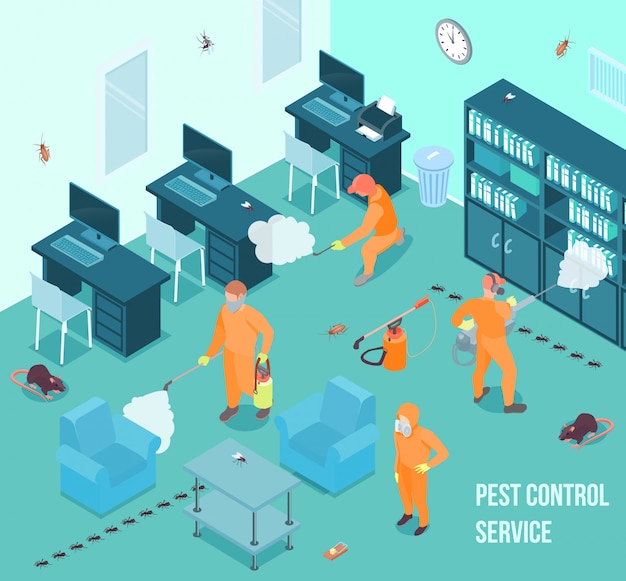 People From Pest Control Service Doing Disinfection In Office 3d Isometric Vector Illustration