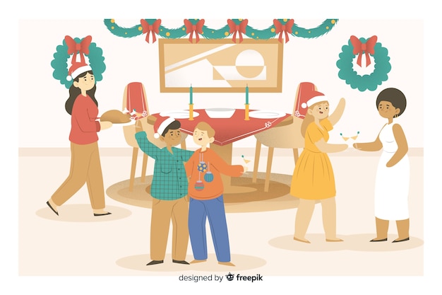 Free vector people gathering for christmas dinner cartoon