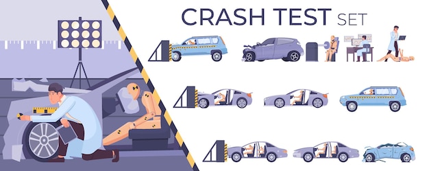 People gathering data during crash test flat composition set with dummies and smashed cars isolated vector illustration