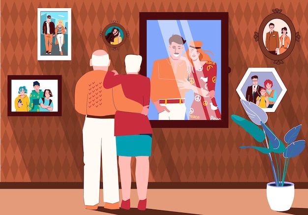 Free vector people generations flat composition with elderly couple looking at photos of their relatives on wall of room vector illustration