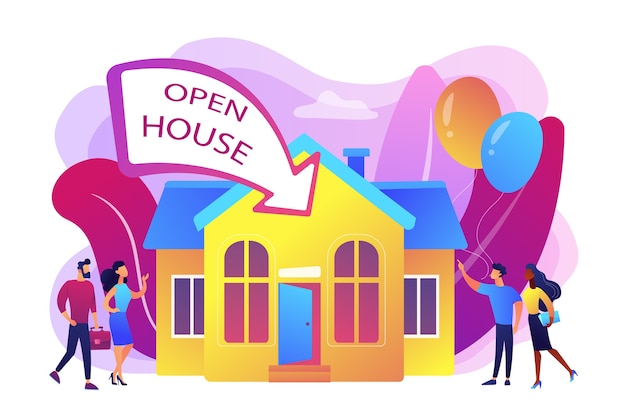 Free vector people going to housewarming party flat characters. open house, open for inspection property, welcome to your new home, real estate service concept. bright vibrant violet  isolated illustration