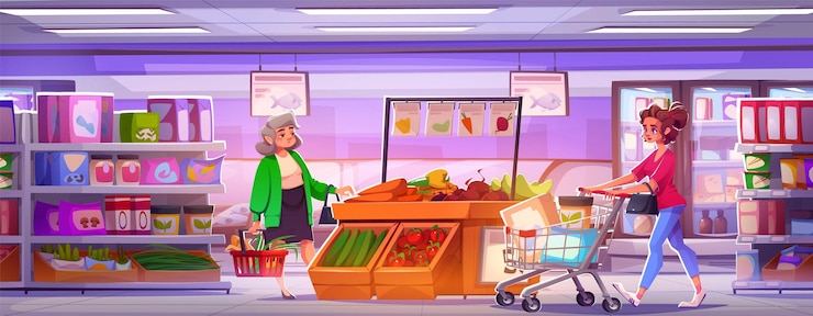 Бесплатный Вектор люди в продуктовом супермаркете интерьер магазина