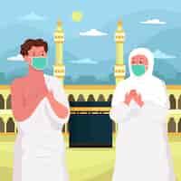 Free vector people in hajj pilgrimage illustration with face mask