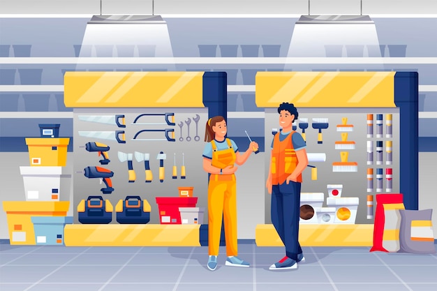 Free vector people in hardware shop woman assistant standing and talking to man tools and materials store interior design panorama with drills toolkits hammers screwdrivers