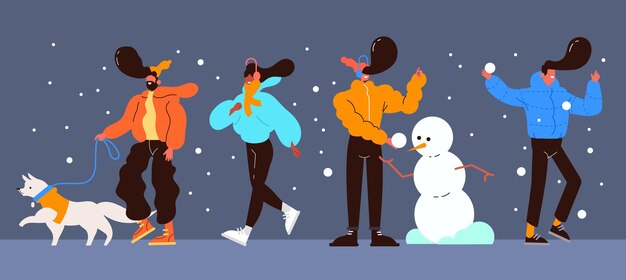 Бесплатное векторное изображение Люди веселятся в зимнем снегу