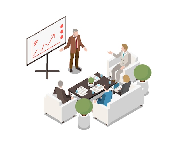 Free vector people having meeting in room with white board rectangular table and soft furniture isometric