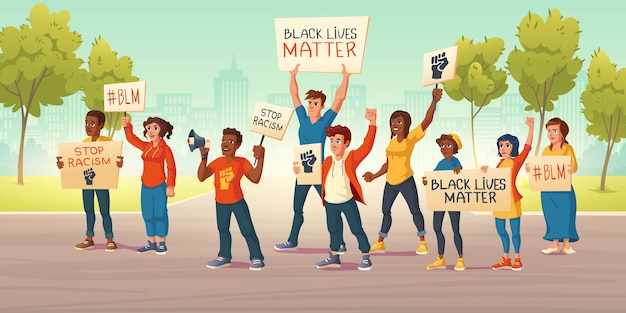 人々は街の通りで黒い生命の問題と拳でバナーを保持します。人種差別に対する抗議デモのベクトル漫画イラスト。白人とアフリカ系アメリカ人の活動家は人権のために行動します