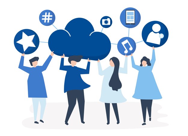 People holding cloud and social networking icons 