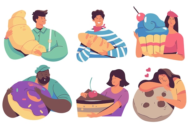 Free vector people holding croissants and candies