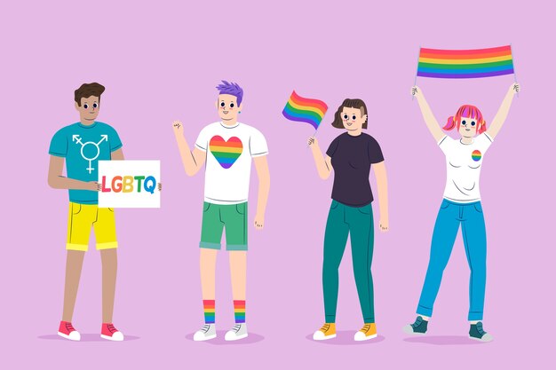 People holding flags celebrating pride day illustration