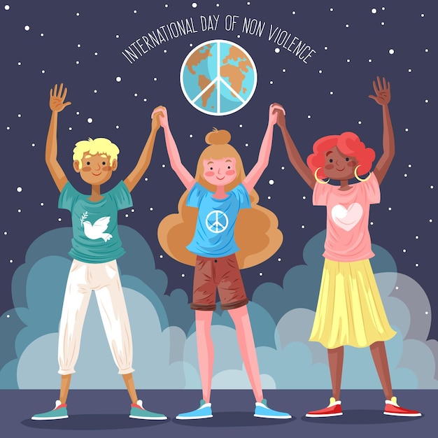 Free vector people holding hands on international day of non violence illustration